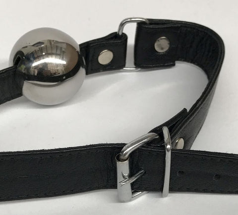 Hells Couture Popper Metal Ball Gag with Leather Straps 40mm Steel - Bondage Gags and Bits