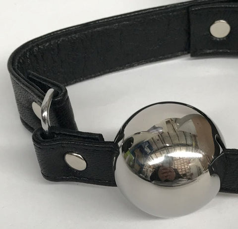 Hells Couture Popper Metal Ball Gag with Leather Straps 40mm Steel - Bondage Gags and Bits