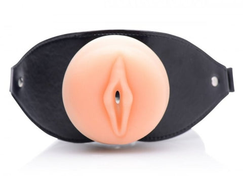 XR Brands Pussy Face Oral Sex Mouth Gag with Realistic Vulva Opening - Bondage Gags and Bits
