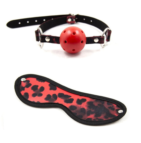 BDStyle Red Leopard Ball Gag & Eye Mask Set for Sensory Deprivation Play - Bondage Gags and Bits