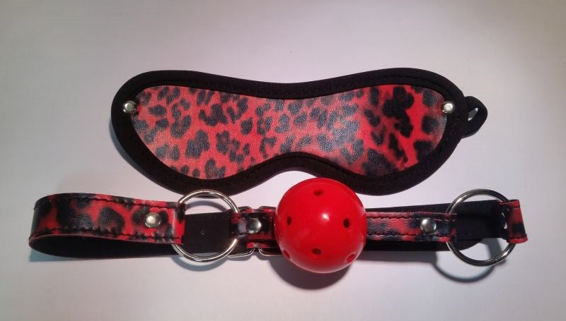 BDStyle Red Leopard Ball Gag & Eye Mask Set for Sensory Deprivation Play - Bondage Gags and Bits