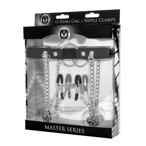 XR Brands Seize O Ring Gag With Nipple Clamps BDSM Bondage Set - Bondage Gags and Bits