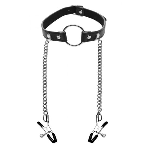XR Brands Seize O Ring Gag With Nipple Clamps BDSM Bondage Set - Bondage Gags and Bits
