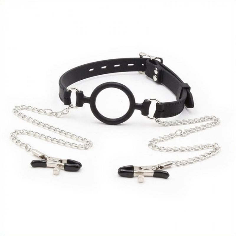 BDStyle Silicone O Ring Gag With Nipple Clamp Bondage Set - Bondage Gags and Bits