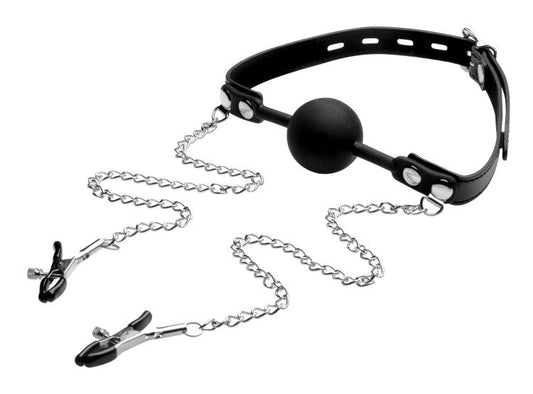 XR Brands Strict Silicone Ball Gag With Nipple Clamps Black BDSM Restraint - - Bondage Gags and Bits