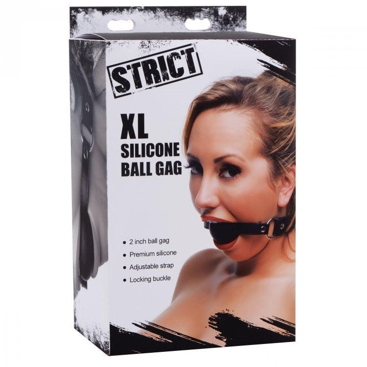 XR Brands Strict XL Silicone Gag Ball 2 Inch Black with Locking Buckle - - Bondage Gags and Bits