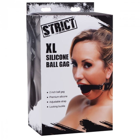XR Brands Strict XL Silicone Gag Ball 2 Inch Black with Locking Buckle - Bondage Gags and Bits