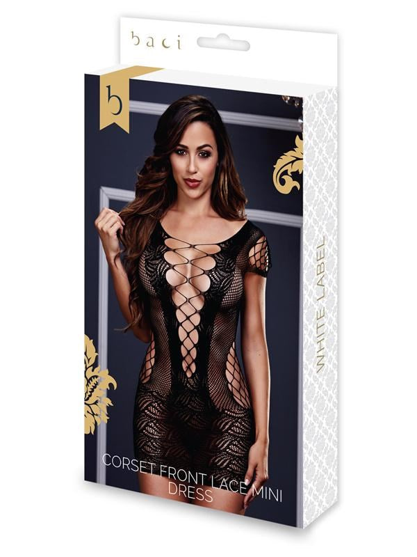 Baci Lingerie White Label Corset Front Lace Mini Dress BX One Size Black Lace - Fancy Dress Ups