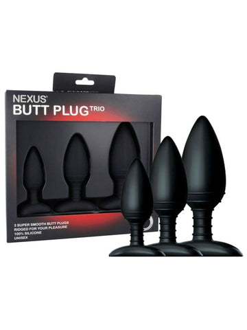 Nexus Sex Toys BUTT PLUG TRIO 3 Size Solid Silicone Black Progressive Set - Personal Massagers
