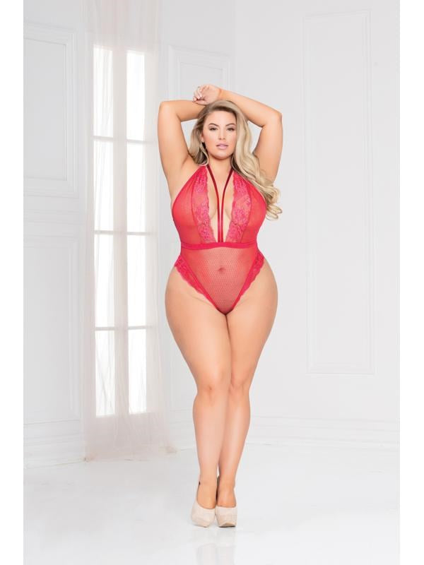 Seven til Midnight Behind Closed Doors Red Teddy Sheer Lace Mesh Design - - Teddies and Bodysuits