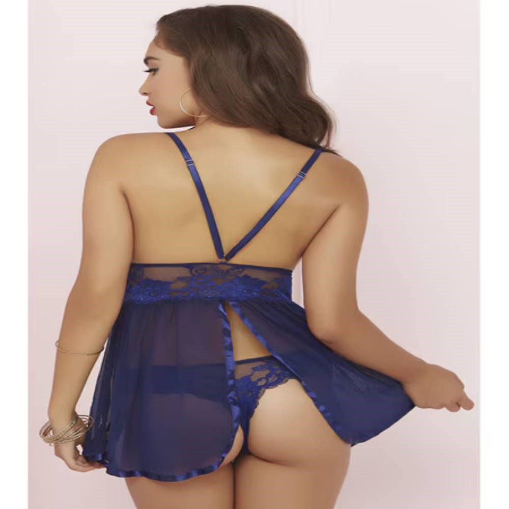 Seven til Midnight Wondrous Babydoll Set Navy Floral Lace Lingerie - - Babydolls and Chemises