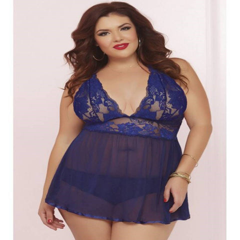 Seven til Midnight Wondrous Babydoll Set Navy Floral Lace Lingerie - Babydolls and Chemises