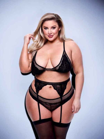 Baci Lingerie 3 Piece Lace Mesh Bra Garter Panty Set Queen Black Seductive - Bras and Bra Sets