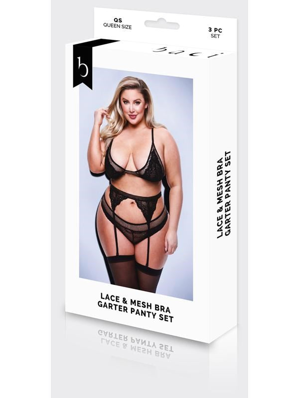 Baci Lingerie 3 Piece Lace Mesh Bra Garter Panty Set Queen Black Seductive - Bras and Bra Sets