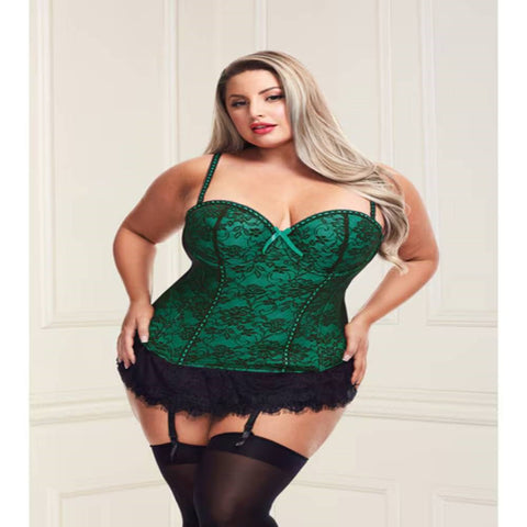 Baci Lingerie Womens Bustier And G string Set Green Floral Lace Design - Bustiers and Corsets