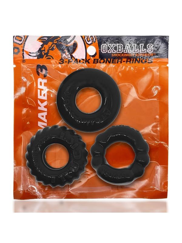 Oxballs BONEMAKER Boner Cock Ring Kit Black 3 Pack FlexTPR Material - - Cock Ring Sets