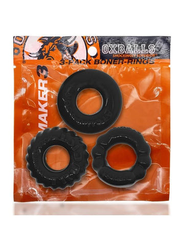 Oxballs BONEMAKER Boner Cock Ring Kit Black 3 Pack FlexTPR Material - Cock Ring Sets