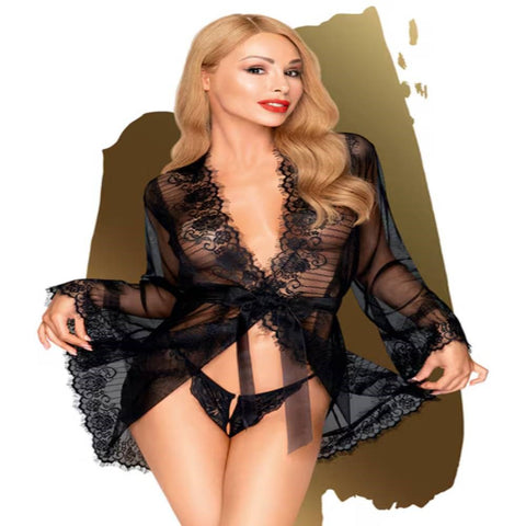 Penthouse Hypnotic Power Short Kimono Delicate Eyelash Lace Thong 2 Pieces XL - Kimono's and Gowns
