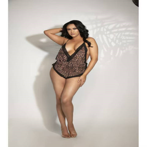 Seven til Midnight Chiffon Leopard Romper Surplice Neckline Lace Trim - Teddies and Bodysuits