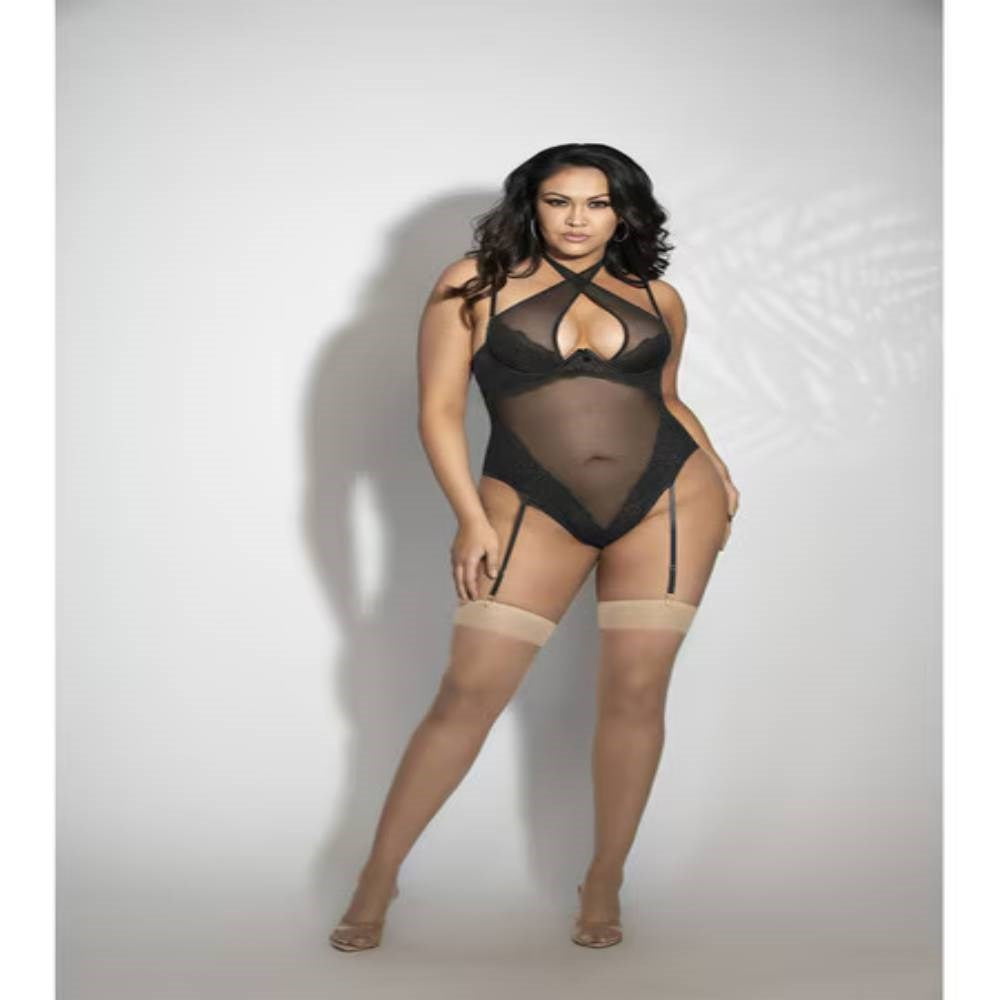 Seven til Midnight Lace and Mesh Teddy with Removable Straps 3X/4X - - Teddies and Bodysuits
