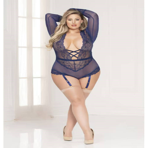 Seven til Midnight Secret Affair Women Teddy Navy with Plunging Neckline - Teddies and Bodysuits