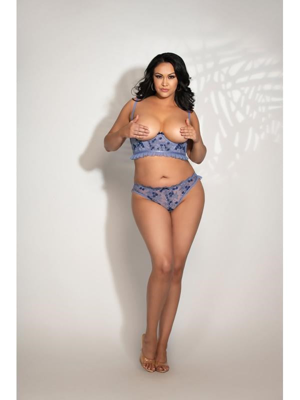 Seven til Midnight Embroidered Mesh Open Cup Longline Bra Set Blue - - Bras and Bra Sets