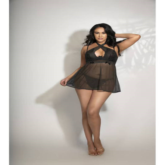 Seven til Midnight Lace Mesh Babydoll Panty Set 3X/4X Underwire Support - - Babydolls and Chemises