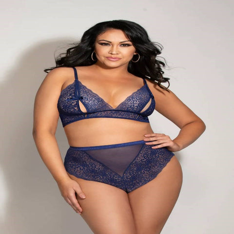 Seven til Midnight Lace Bralette Set Peek A Boo Cups High Waisted Queen - Bras and Bra Sets