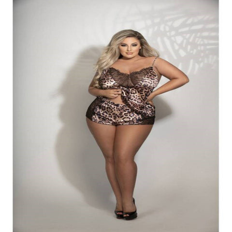 Seven til Midnight Leopard Print Satin Lace Cami Tap Short Set - Teddies and Bodysuits
