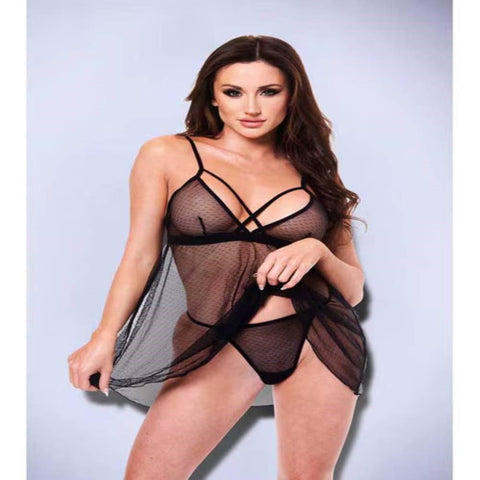Baci Lingerie Strappy Lace & Mesh Babydoll & G String Set Seductive Design - Babydolls and Chemises