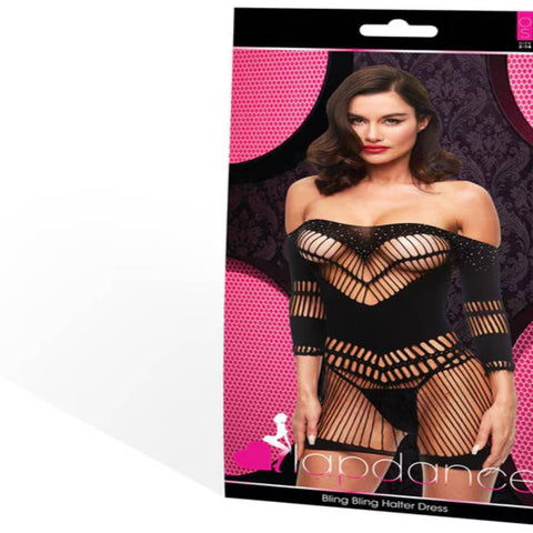 Xgen Products Lapdance Lingerie Bling Bling Womens Halter Dress Black Rhinestone - Body Stockings