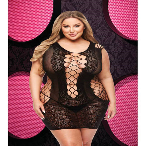 Xgen Products Lapdance Lingerie Lace And Fishnet Halter Dress Black Seductive Fishnet - Body Stockings