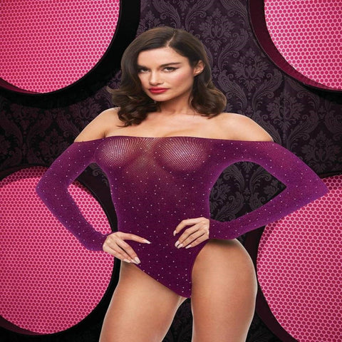 Xgen Products Lapdance Lingerie Off The Shoulder Sparkle Womens Teddy Purple Mesh - Teddies and Bodysuits