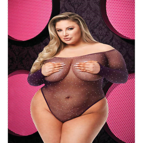 Xgen Products Lapdance Lingerie Off The Shoulder Sparkle Womens Teddy Purple Mesh - Teddies and Bodysuits