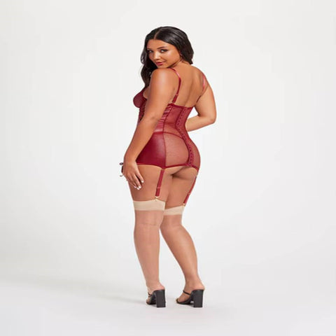 Seven til Midnight Midnight Love Vegan Leather Chemise Set Wine Lace Up - Babydolls and Chemises