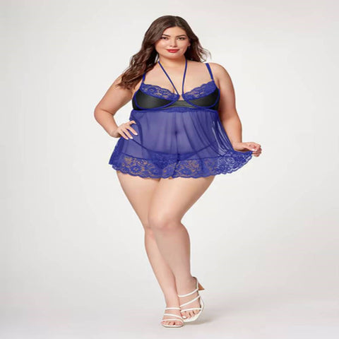 Seven til Midnight Romantic Two Piece Babydoll Set Blue Premium Satin Mesh - Babydolls and Chemises
