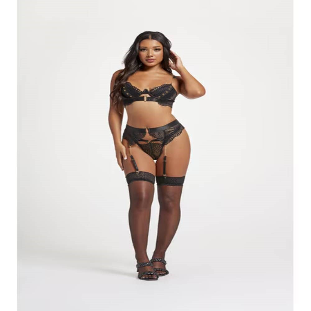 Seven til Midnight Unchained Love Three Piece Bra Set Black with Chains - - Bras and Bra Sets