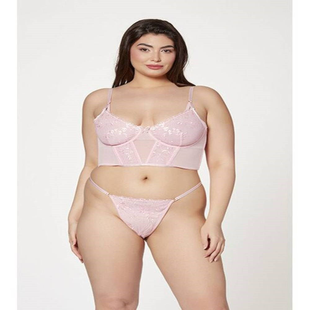 Seven til Midnight 2 Piece Bustier And Thong Panty Set Pink with Floral - - Bustiers and Corsets