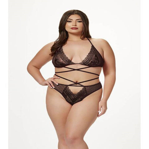 Seven til Midnight Black Halter Bra Criss Cross Panty Set with Strappy Details - Bras and Bra Sets