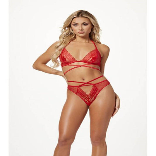 Seven til Midnight Red Halter Bra Criss Cross Panty Set Bold Lingerie - - Bras and Bra Sets