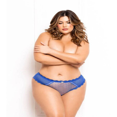 Seven til Midnight Dot Mesh Open Crotch Panty Blue with Lace Trim - G-Strings, Panties and Shorts
