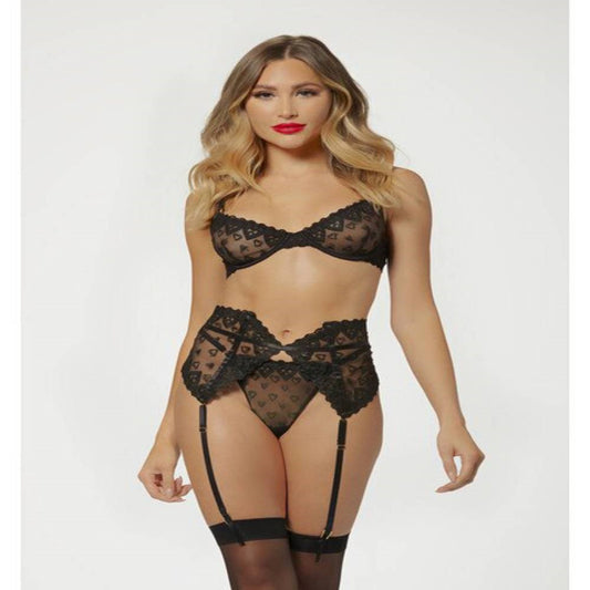 Seven til Midnight Three Piece Bra Garter And Panty Set Black Heart Mesh - - Bras and Bra Sets