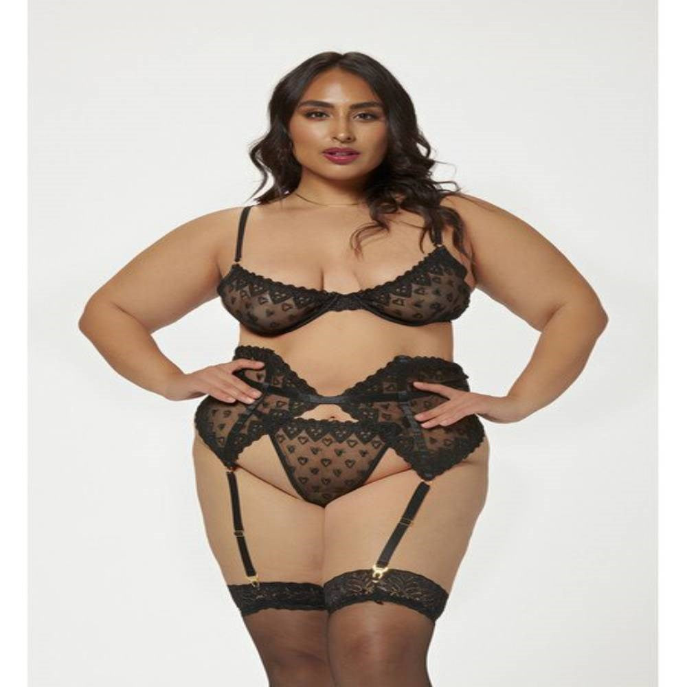 Seven til Midnight Three Piece Bra Garter And Panty Set Black Heart Mesh - - Bras and Bra Sets
