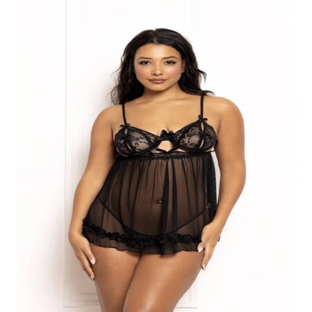 Seven til Midnight Ditsy Floral Mesh Babydoll Set Split Cups Black - - Babydolls and Chemises