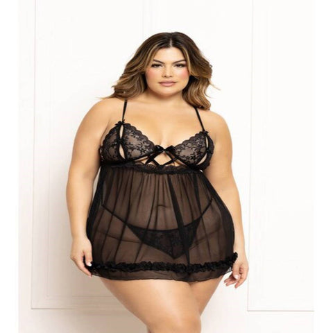 Seven til Midnight Ditsy Floral Mesh Babydoll Set Split Cups Black - Babydolls and Chemises