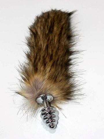 BDStyle Black & Blonde Faux Fox Tail Butt Plug Silver Ribbed Fox Tail - Steel Sex Toys