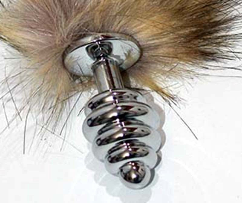 BDStyle Black & Blonde Faux Fox Tail Butt Plug Silver Ribbed Fox Tail - - Steel Sex Toys