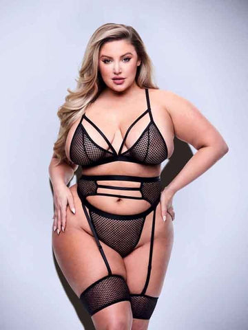 Baci Lingerie 3 Piece Strappy Bra Garter & Panty Set Queen Black Strappy - Bras and Bra Sets