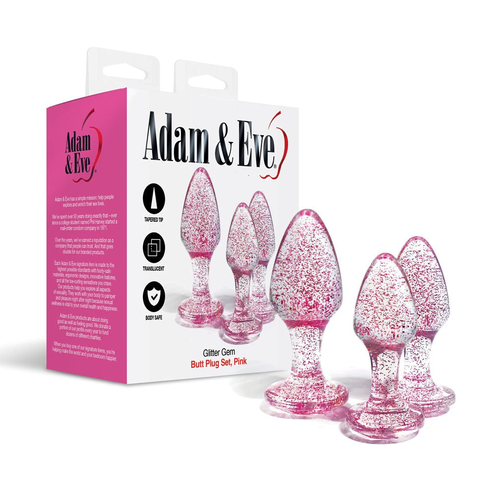 Adam & Eve Glitter Gem 3 Piece Butt Plug Set Pink Progressive Sizes - - Butt Plugs