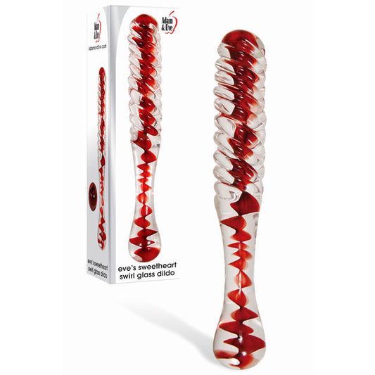 Adam & Eve Sweetheart Swirl Glass Dildo Clear/Red 22 cm - - Glass Sex Toys